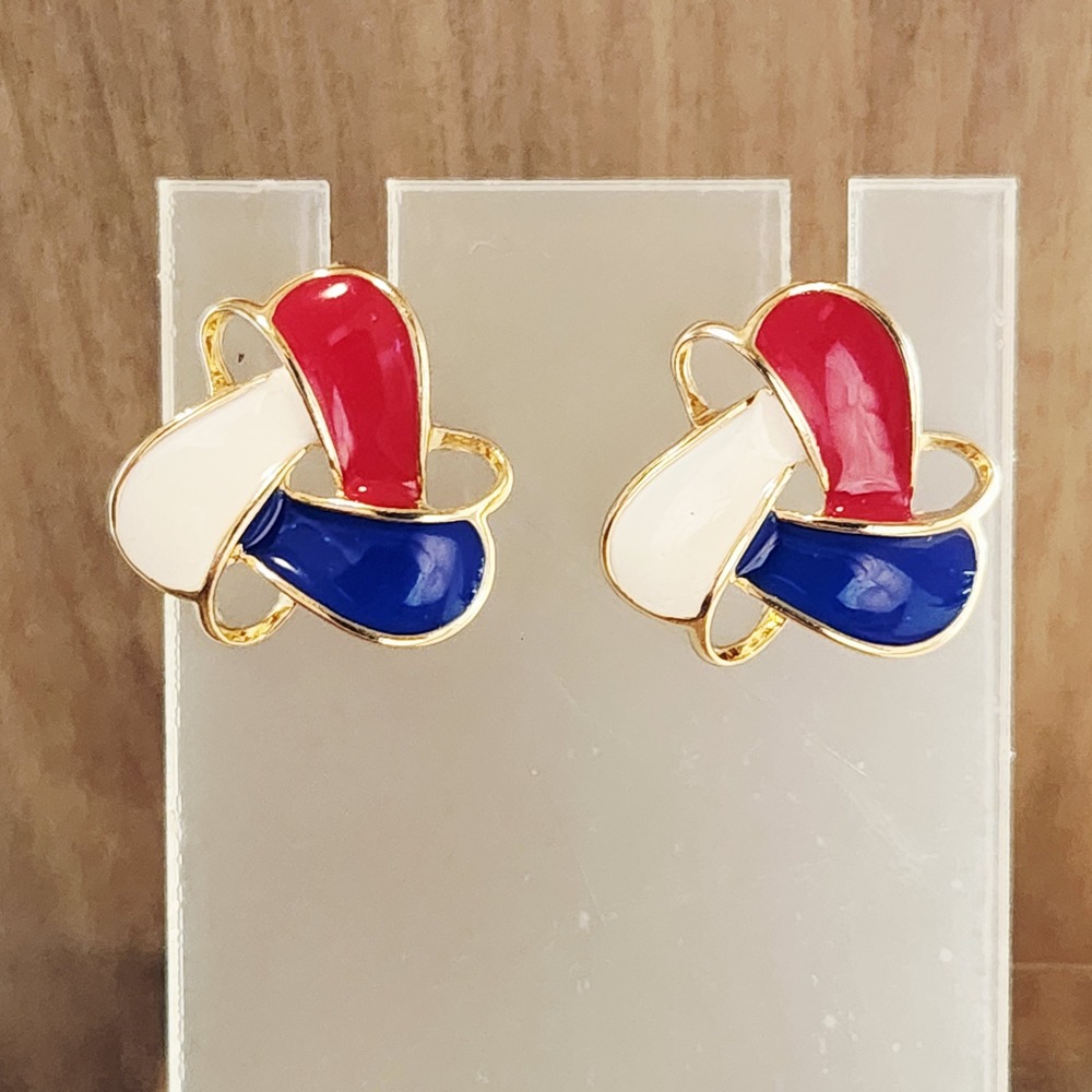 Red White Blue Enamel Gold Tone Abstract Knot Stud Earrings Patriotic .75 inches